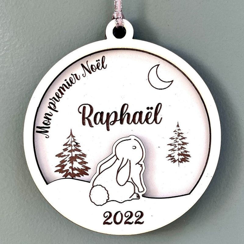 Boule de noël personnalisée en bois et en relief motif lapin, mon premier noël