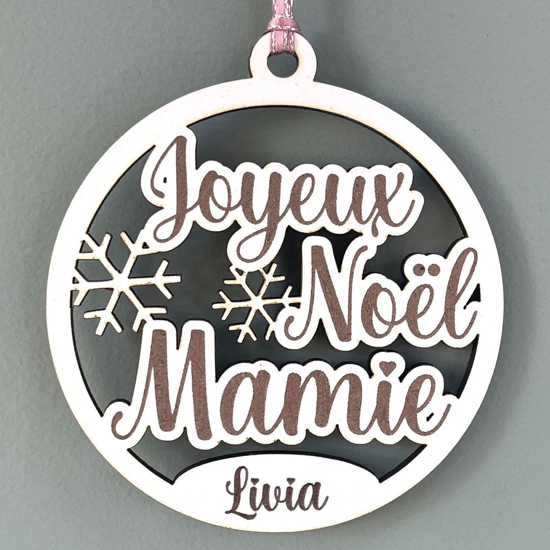 Boule de noël personnalisée en bois joyeux noël mamie