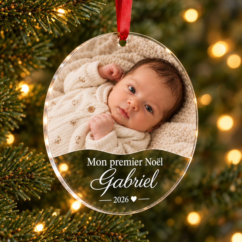 Boule de Noël personnalisée en plexiglas transparent avec photo de bébé, prénom Gabriel et inscription « Mon premier Noël 2026 », suspendue dans un sapin.