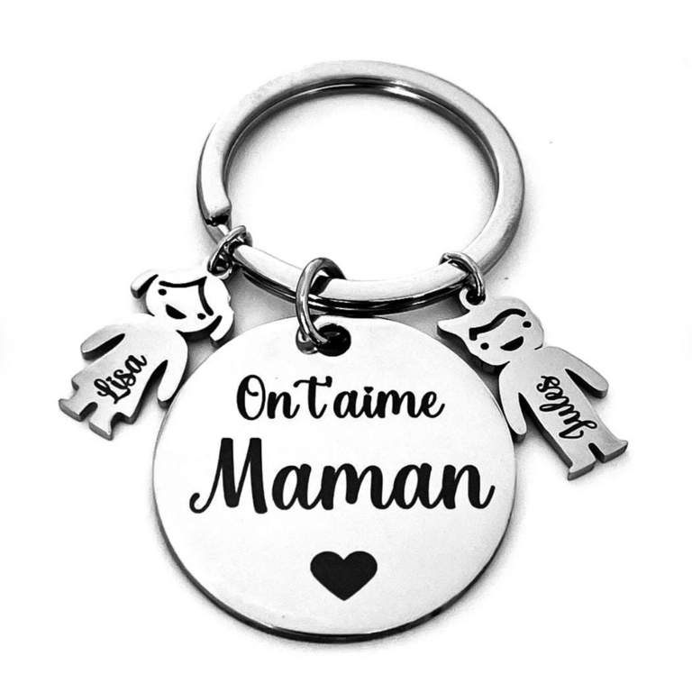 Cadeau maman, fête des mères : porte clé personnalisé famille avec les enfants en inox miroir