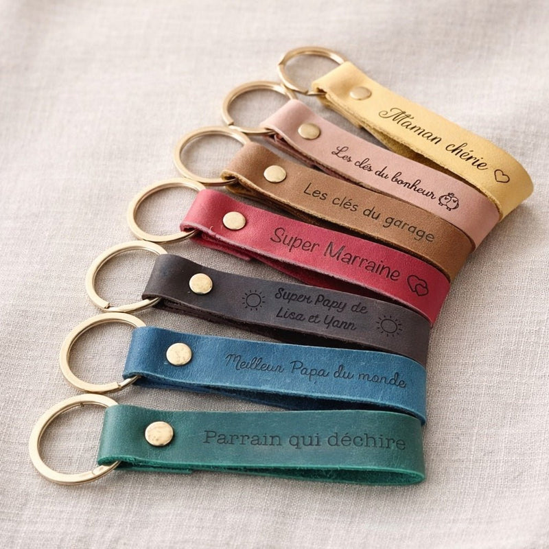 Porte-clé cuir personnalisé gravé prénom ou message – Cadeau élégant homme ou femme original