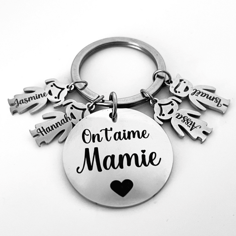 Cadeau Mamie personnalisé fête des grands mères : porte clé avec les petits enfants en inox miroir, bonne fête mamie