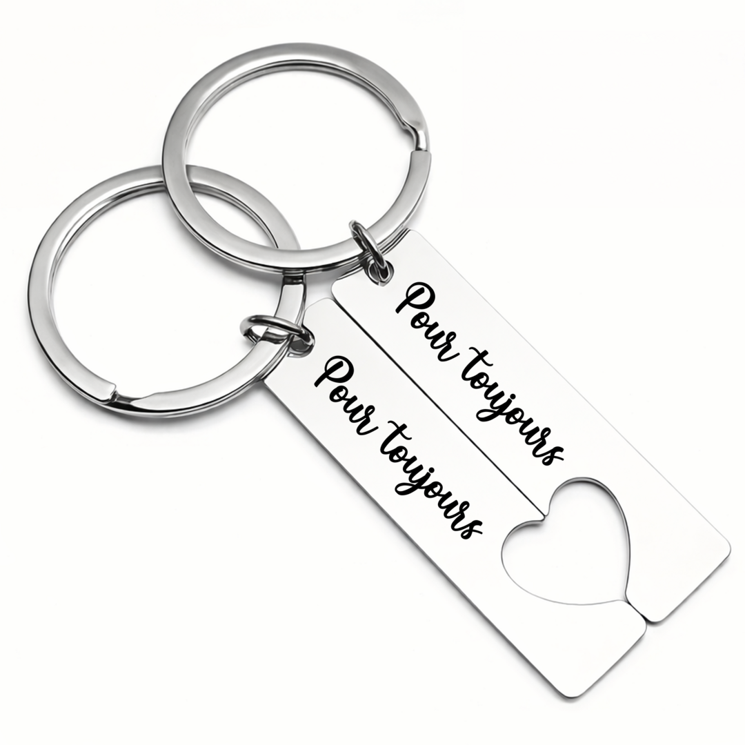 Porte-clés couple personnalisé cœur – Lot de 2 en acier inoxydable avec date et initiales