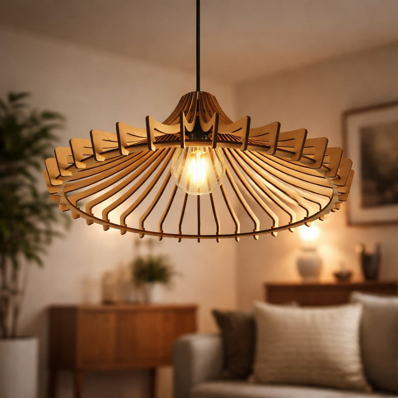 Suspension en bois de hêtre design dans un salon moderne, luminaire suspendu décoratif