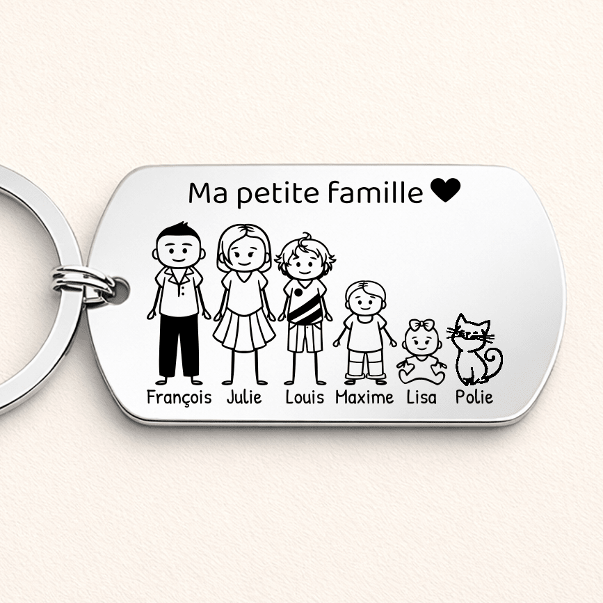 Porte-clé famille personnalisé avec personnages gravés — idée cadeau unique