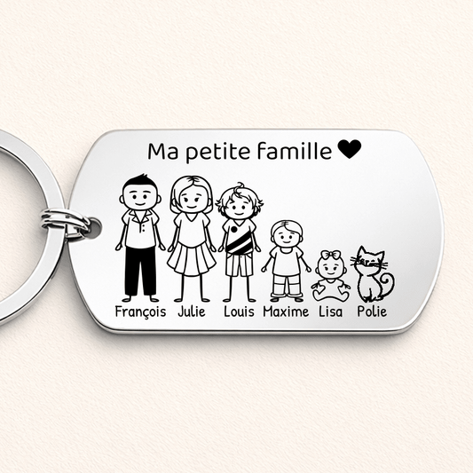 Porte-clé famille personnalisé avec personnages gravés — idée cadeau unique