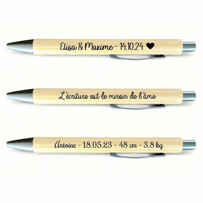Stylo en Bambou gravé personnalisé en LOT ou à l'unité - Encre bleue ou noire
