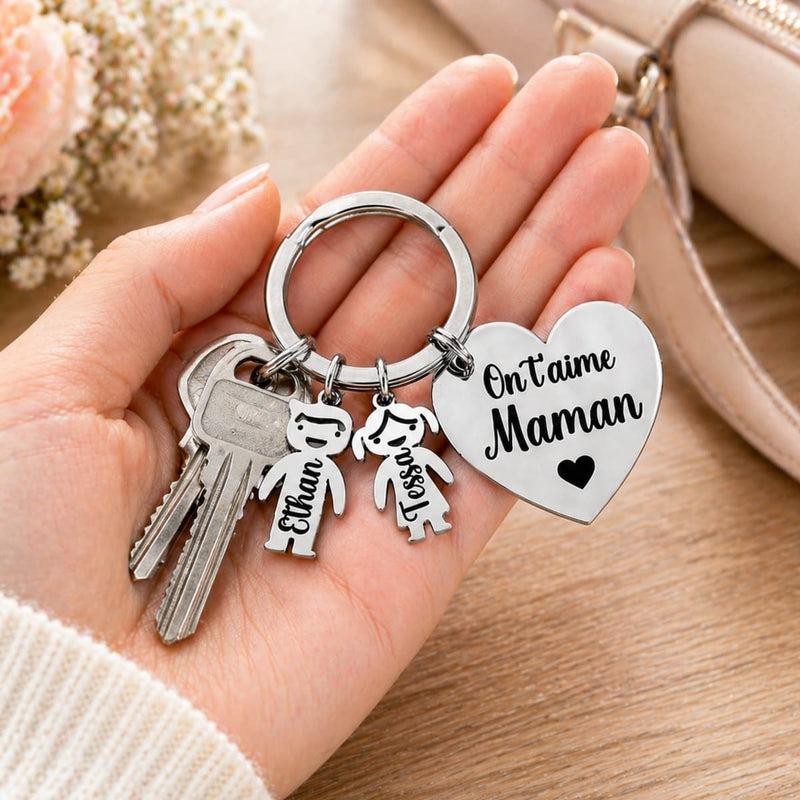 Porte clé coeur en inox avec enfants Tessa et Ethan
