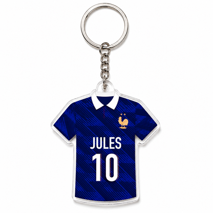 Porte-clés maillot de football personnalisé avec prénom et numéro en acrylique transparent, cadeau original pour supporter et joueur de football.