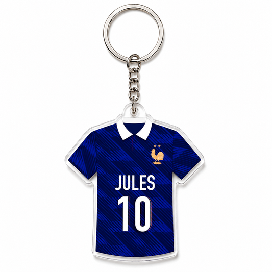Porte-clés maillot de football personnalisé avec prénom et numéro en acrylique transparent, cadeau original pour supporter et joueur de football.
