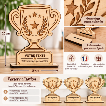 Trophée en bois personnalisé – Coupe gravée avec message