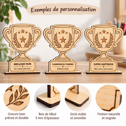 Trophée en bois personnalisé – Coupe gravée avec message