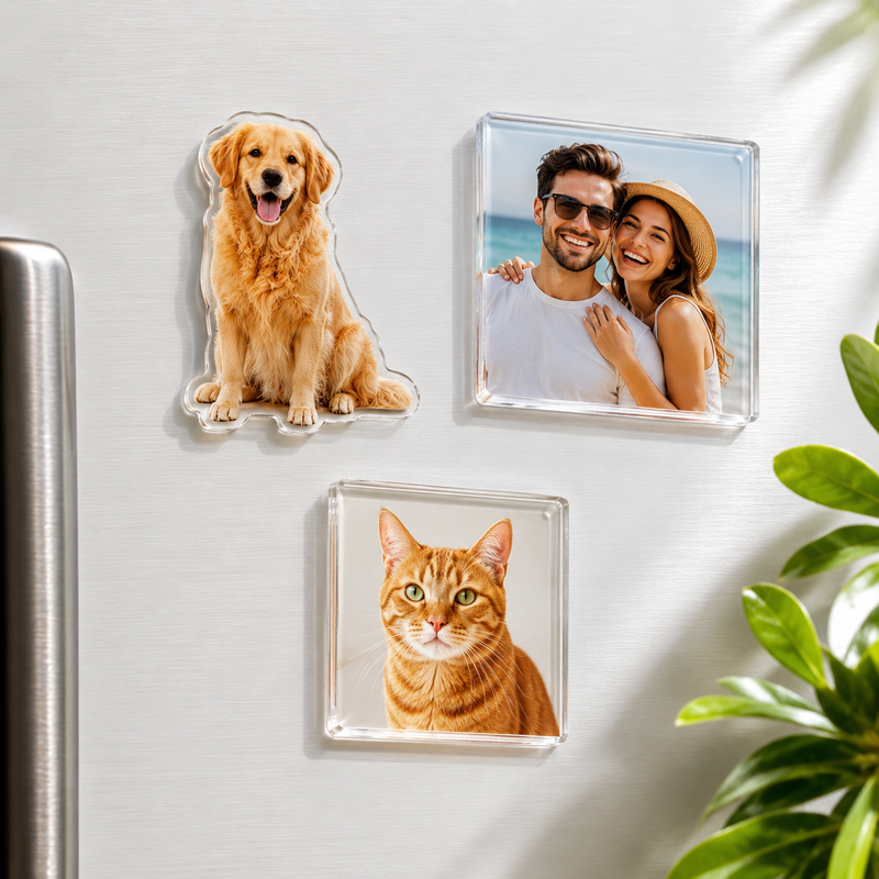 Aimant photo personnalisé en acrylique transparent avec photo de famille, couple ou animal de compagnie