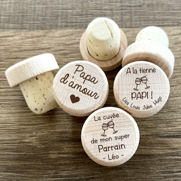 Bouchon de bouteille de vin gravé en bois et liège