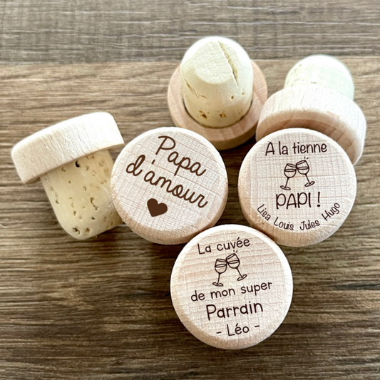 Bouchon de bouteille de vin gravé en bois et liège