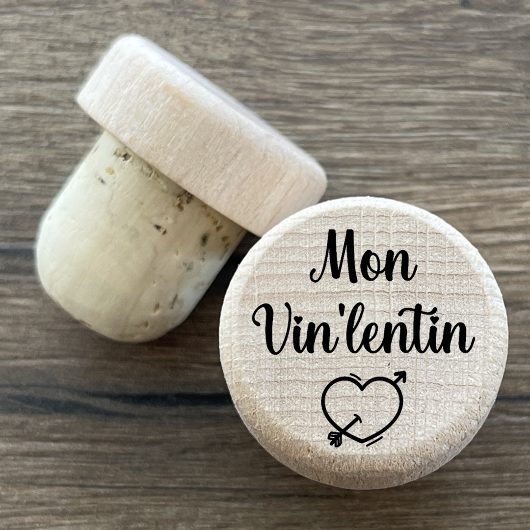 Bouchon de bouteille de vin gravé en bois et liège Mon Vin lentin
