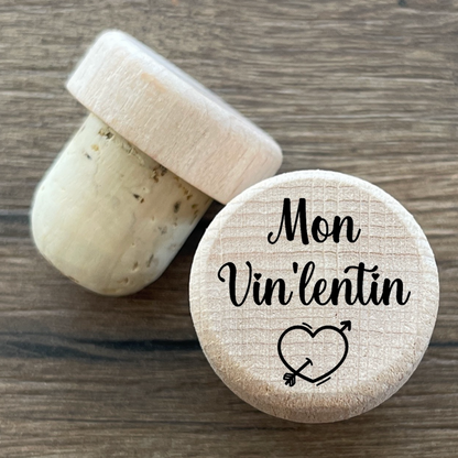 Bouchon de bouteille de vin gravé en bois et liège Mon Vin lentin