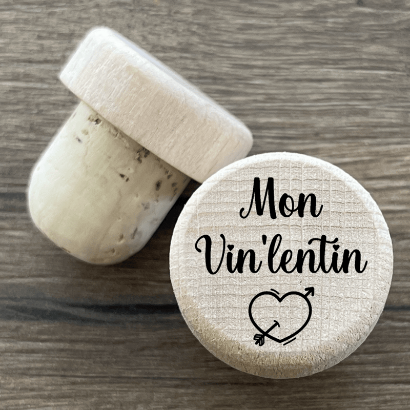 Bouchon de bouteille de vin gravé en bois et liège Mon Vin lentin