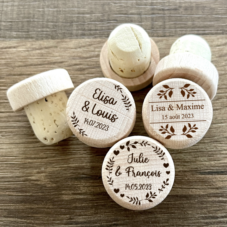 Bouchon personnalisé en bois et liège, à l'unité ou en lot