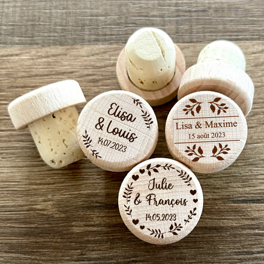 Bouchon personnalisé en bois et liège, à l'unité ou en lot