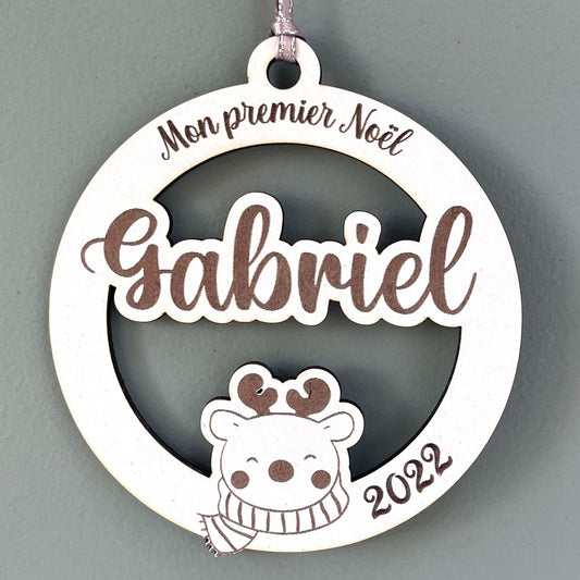 Boule de noël personnalisée en bois motif cerf, mon premier noël