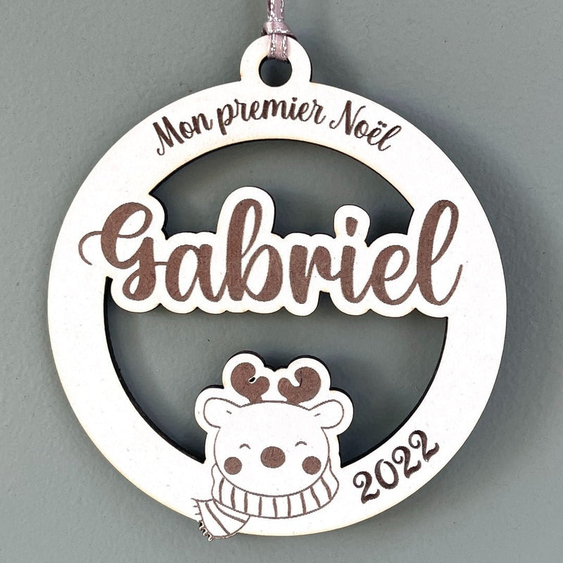 Boule de noël personnalisée en bois motif cerf, mon premier noël