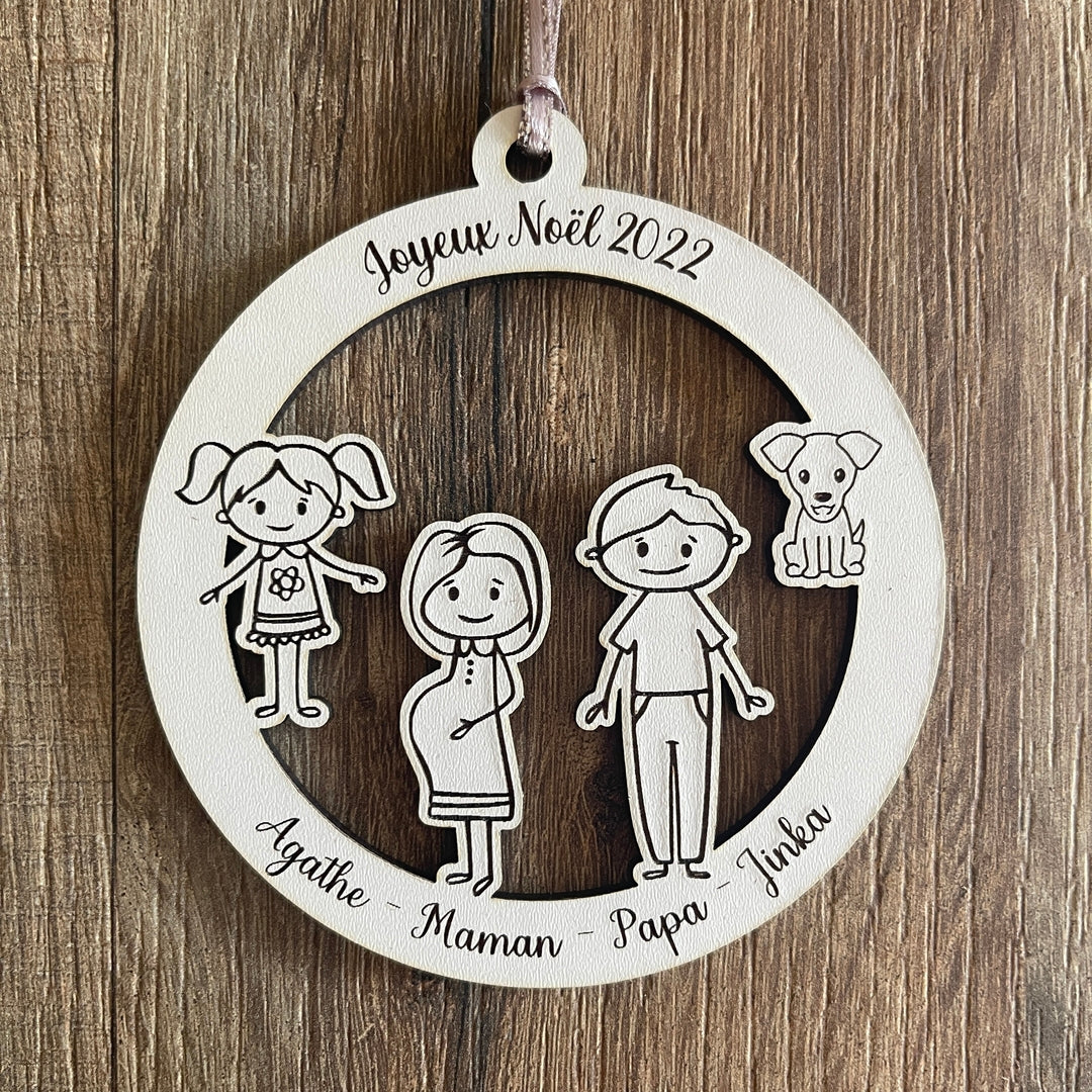 Boule de noël personnalisée famille en bois