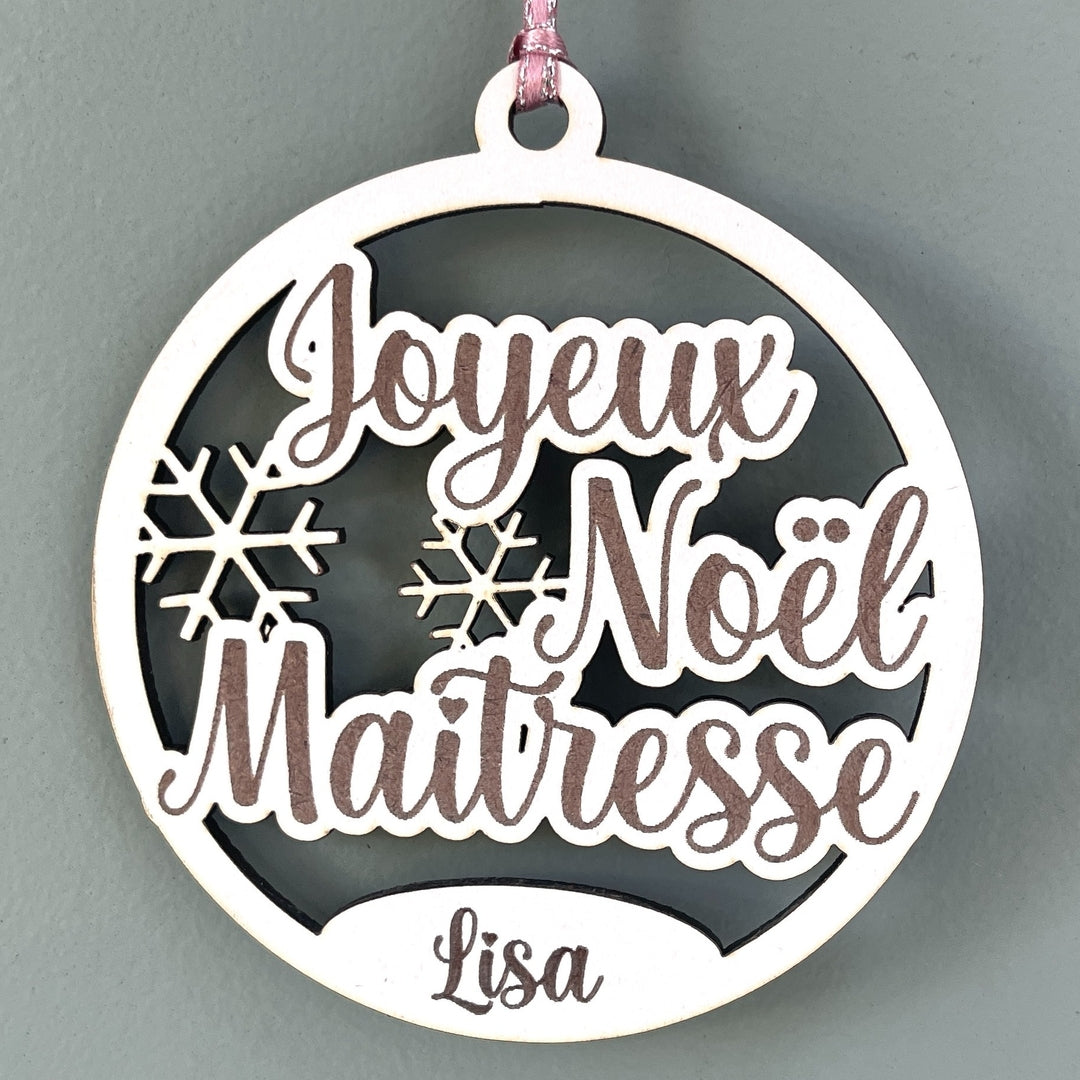 Boule de noël personnalisée en bois joyeux noël maîtresse