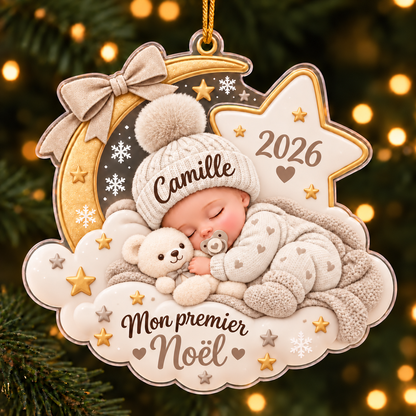 boule de noel personnalisée en acrylique avec prénom bébé endormi