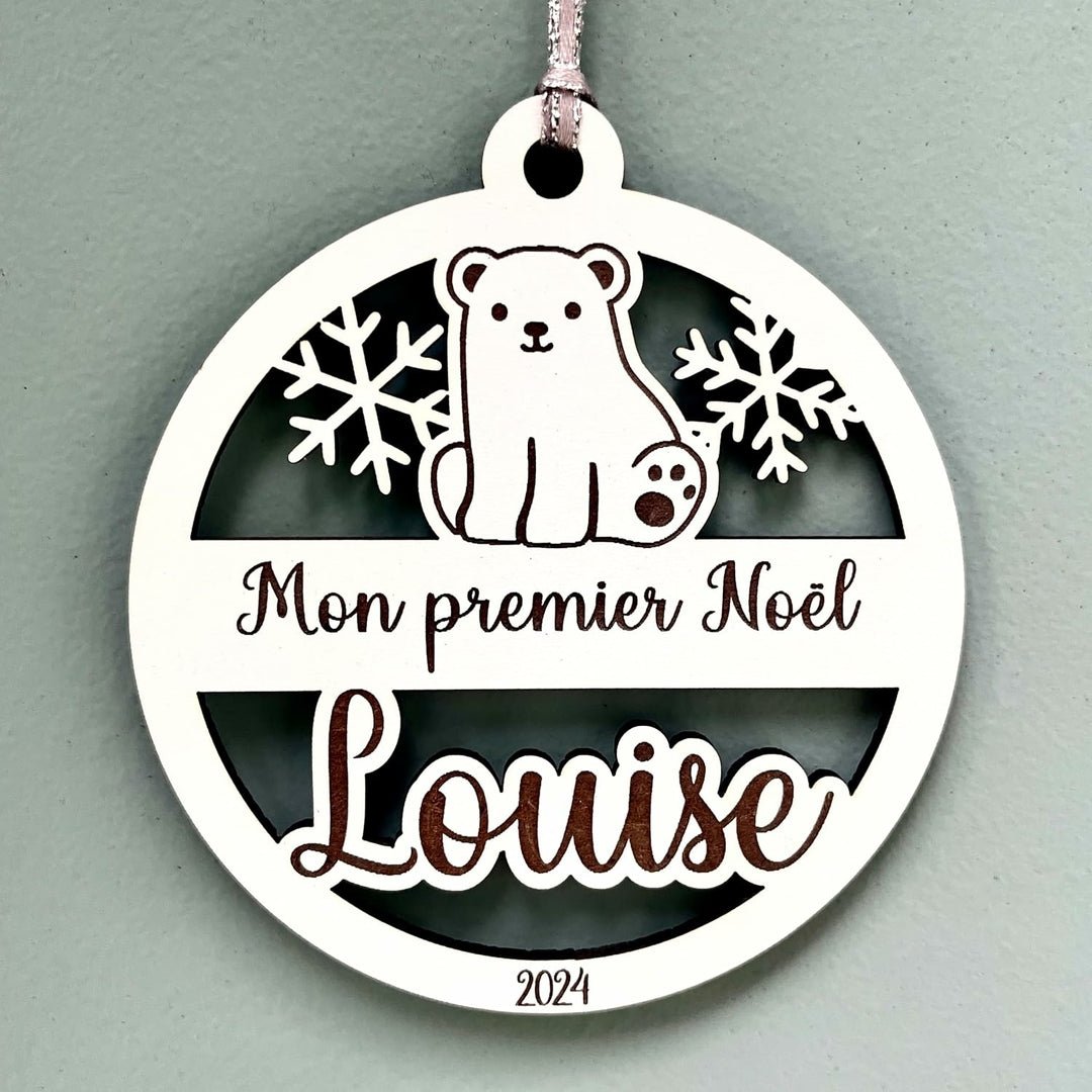 Boule de noël personnalisée en bois mon premier noël, motif ourson