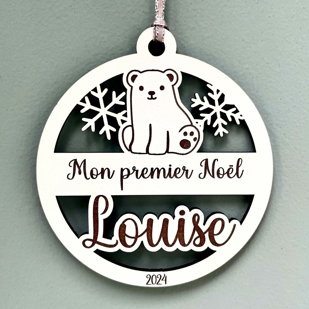 Boule de noël personnalisée en bois mon premier noël, motif ourson