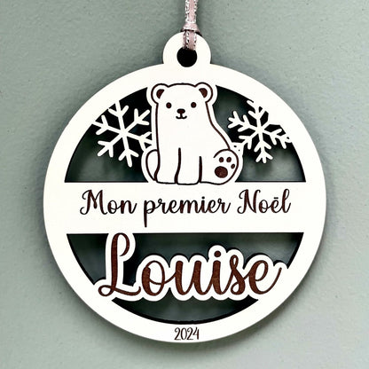 Boule de noël personnalisée en bois mon premier noël, motif ourson