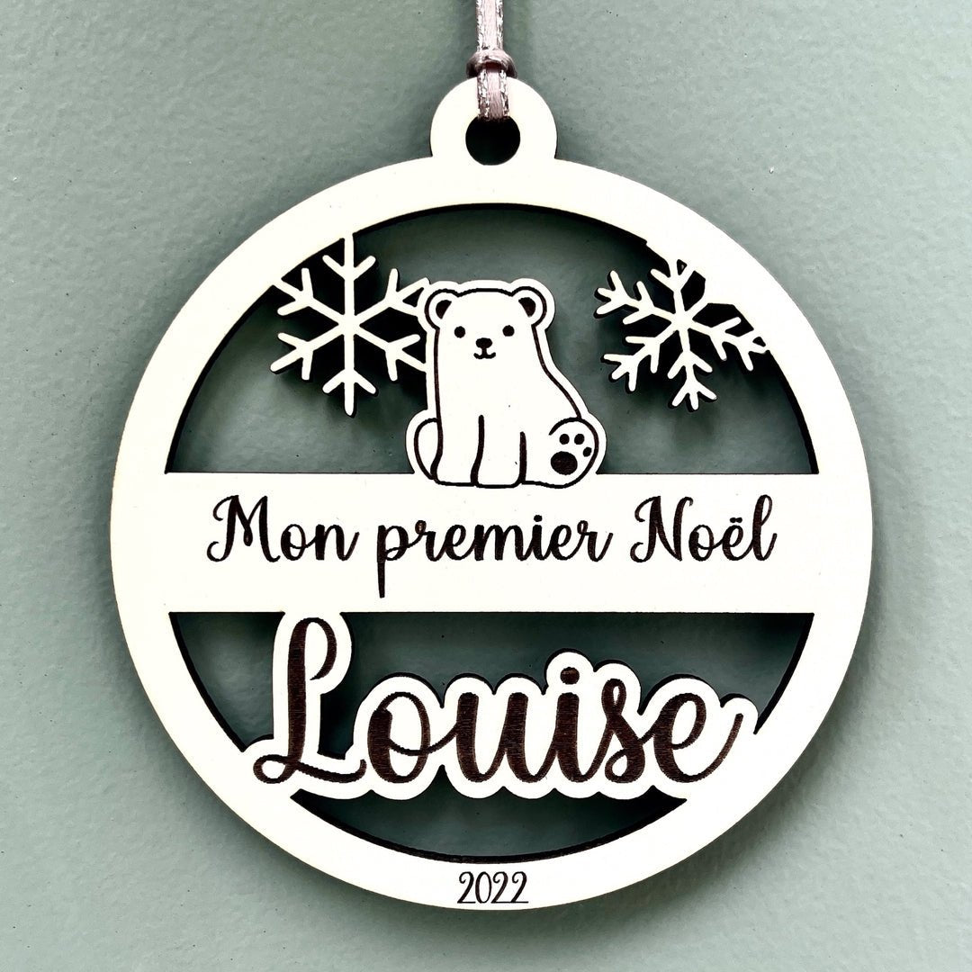 Boule de noël personnalisée en bois mon premier noël, motif ourson