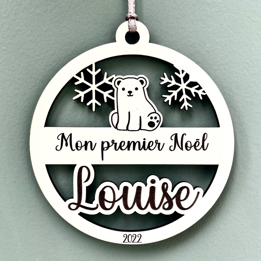Boule de noël personnalisée en bois mon premier noël, motif ourson