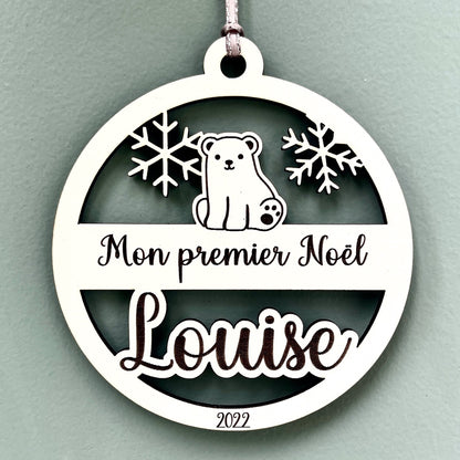 Boule de noël personnalisée en bois mon premier noël, motif ourson
