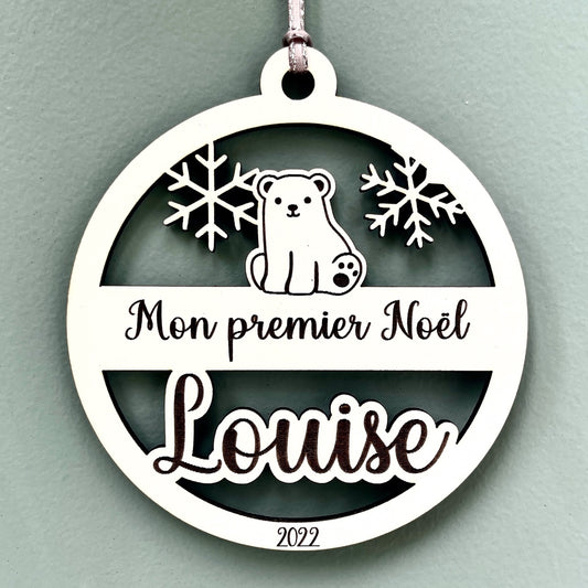 Boule de noël personnalisée en bois mon premier noël, motif ourson