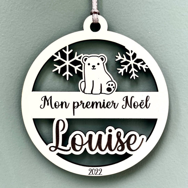 Boule de noël personnalisée en bois mon premier noël, motif ourson