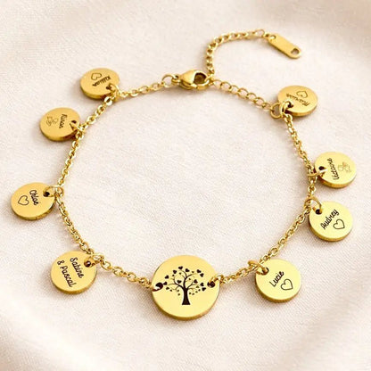 Bracelet arbre de vie personnalisé avec prénoms gravés sur médailles en acier doré – bijou famille personnalisé
