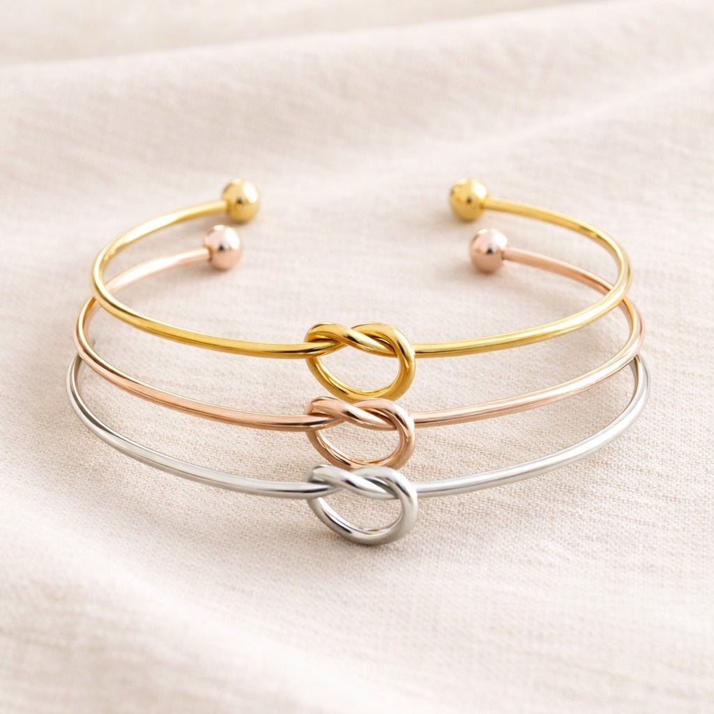 bracelet jonc noeud personnalisé en acier inoxydable disponible en argent or jaune et or rose