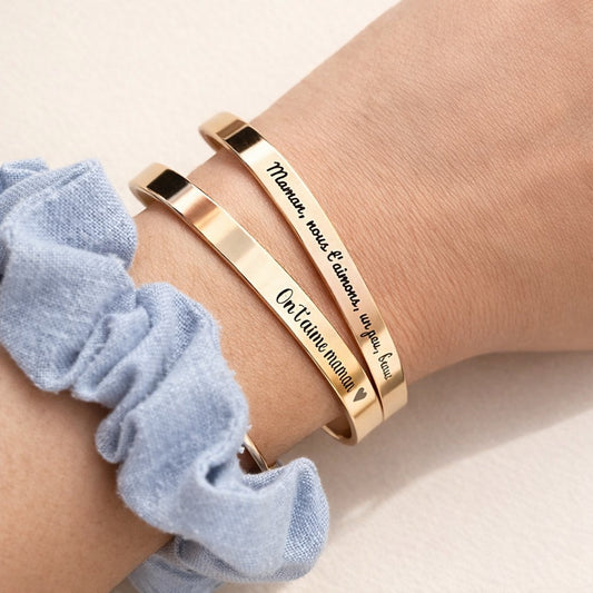 bracelet jonc personnalisé maman en acier inoxydable couleur or rose gravé message amour