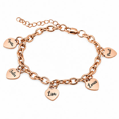 Bracelet personnalisé en acier inoxydable doré avec pendentifs coeurs gravés prénoms famille
