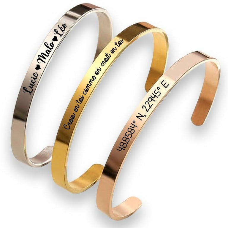 Bracelet Bangle Personnalisé rigide en inox – Argent, Or Rose ou Or Jaune