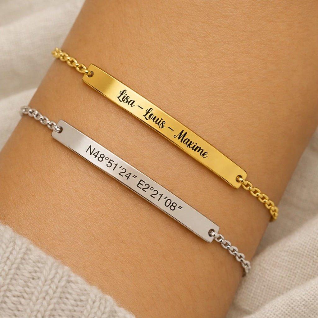 Bracelet personnalisé gravé avec prénoms sur plaque en acier