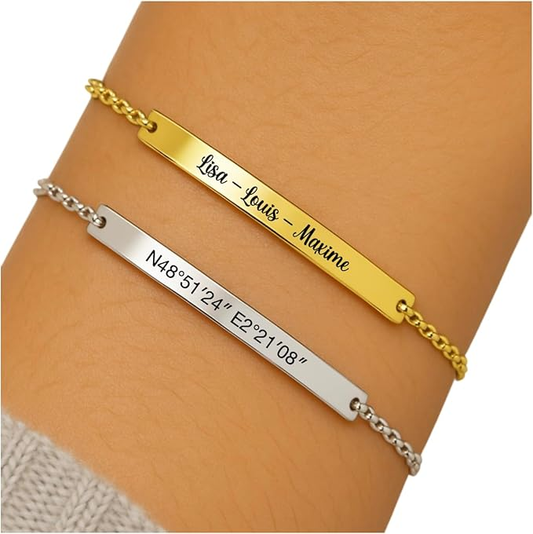 bracelet personnalisé gravé avec prénom sur plaque en acier inoxydable