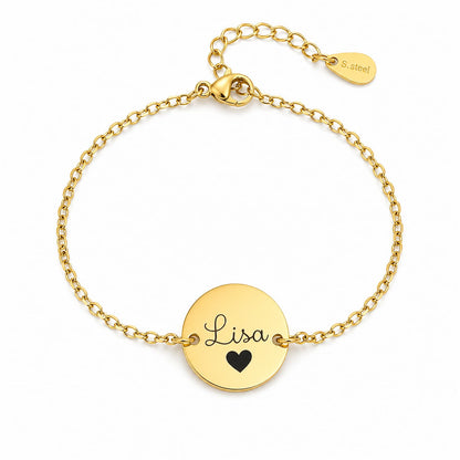 Bracelet personnalisé en acier inoxydable doré avec médaille ronde gravée prénom Lisa