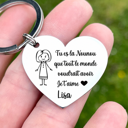 Porte clé personnalisé coeur en inox, cadeau nounou fin d'année, maitresse, maitre, maman, mamie...