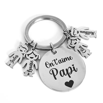 Porte clé personnalisé gravé avec enfants idéal cadeau pour papa, fête des pères en inox miroir