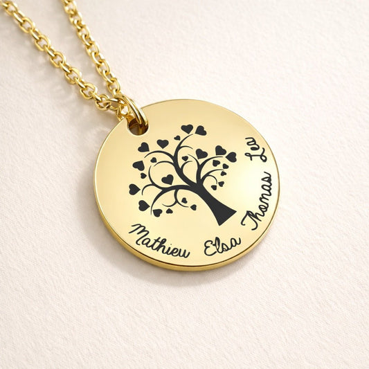 Collier arbre de vie personnalisé avec prénoms gravés sur médaille ronde en acier inoxydable doré
