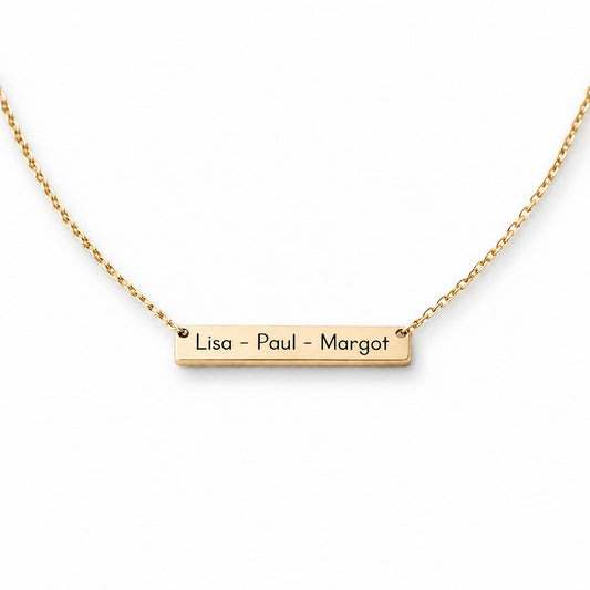 collier barre personnalisé prénom inox doré gravé Lisa Paul Margot