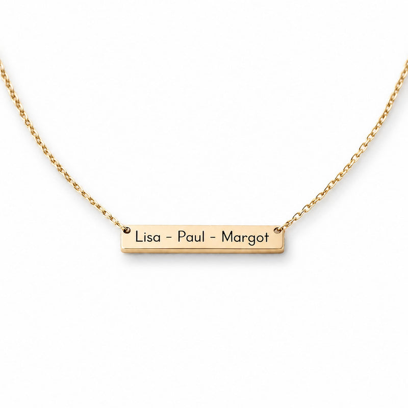 collier barre personnalisé prénom inox doré gravé Lisa Paul Margot